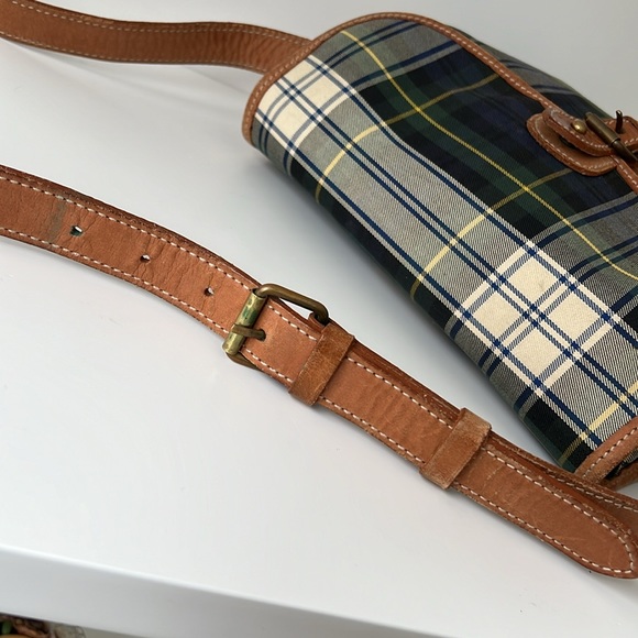 Ralph Lauren Vintage Tartan Plaid Blue Green Leather Brass Canvas Plaid Bag - Picture 8 of 15